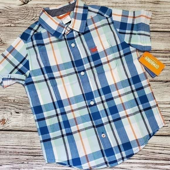 Plaid Short Sleeve Button Up T-Shirt with Embroidered Crab Whale Hello There - Picture 1 of 5